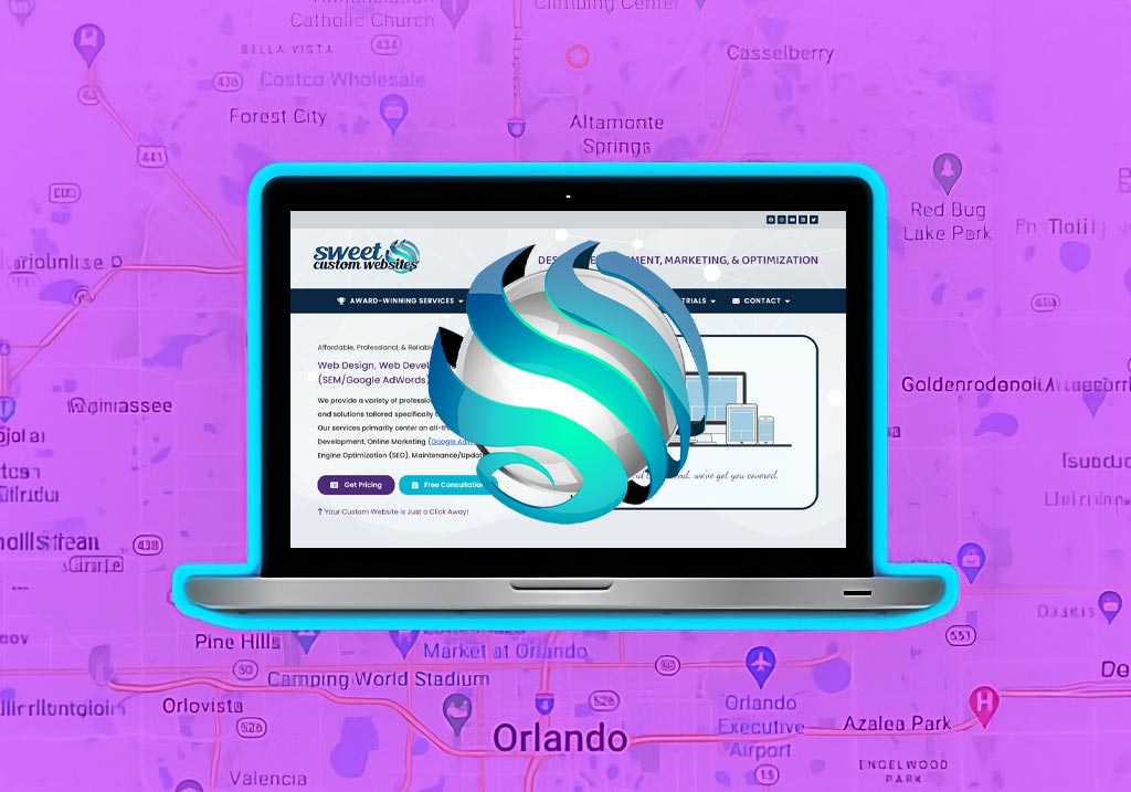 Laptop Showing The Sweet Custom Websites Homepage And 3D Logo, Set Against A Map Of Altamonte Springs And Orlando, Florida.